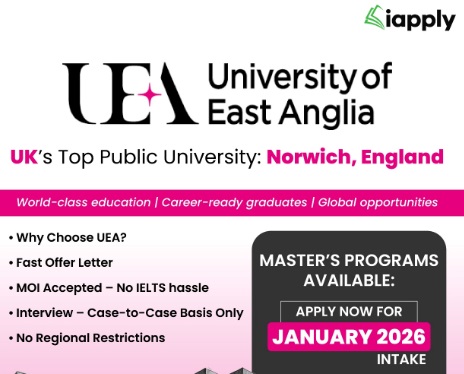 No IELTS Hassle! Apply Now for Masters at University of East Anglia, UK - Jan 2026